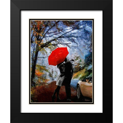 A Kiss under Red Umbrella Black Modern Wood Framed Art Print with Double Matting by Medeiros, Celito