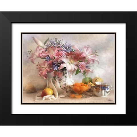 Stilllife with Flowers and Fruits Black Modern Wood Framed Art Print with Double Matting by Medeiros, Celito
