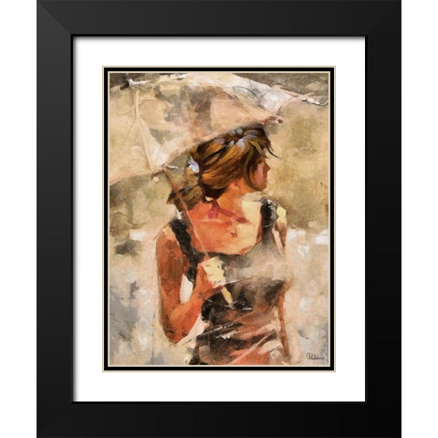 Lady with Umbrella Black Modern Wood Framed Art Print with Double Matting by Medeiros, Celito