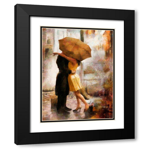 Kiss under brown Umbrella Black Modern Wood Framed Art Print with Double Matting by Medeiros, Celito