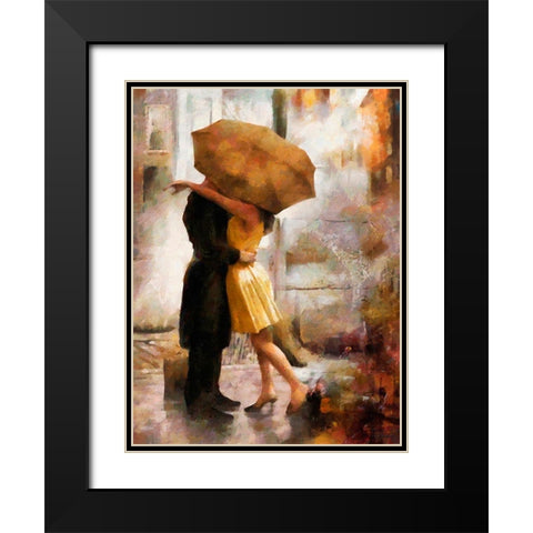 Kiss under brown Umbrella Black Modern Wood Framed Art Print with Double Matting by Medeiros, Celito