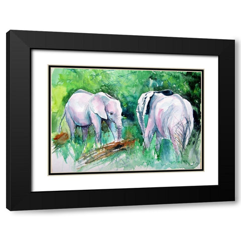 Elephants Meeting Black Modern Wood Framed Art Print with Double Matting by Kovacs, Anna Brigite