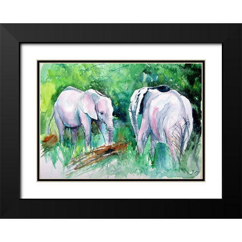 Elephants Meeting Black Modern Wood Framed Art Print with Double Matting by Kovacs, Anna Brigite