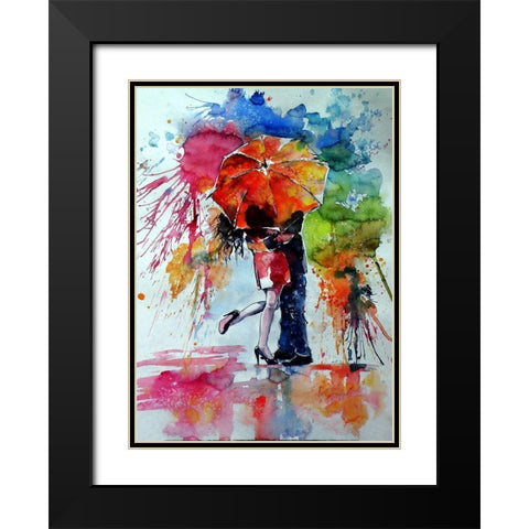 Kiss in the Rain Black Modern Wood Framed Art Print with Double Matting by Kovacs, Anna Brigite