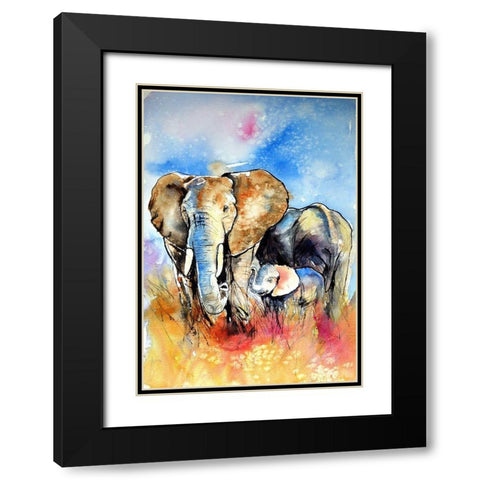 Elephant Family Black Modern Wood Framed Art Print with Double Matting by Kovacs, Anna Brigite