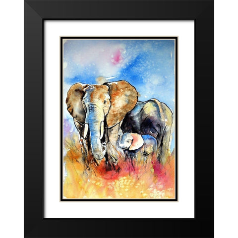Elephant Family Black Modern Wood Framed Art Print with Double Matting by Kovacs, Anna Brigite