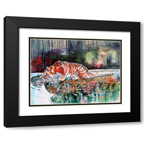 Tiger Drinking Black Modern Wood Framed Art Print with Double Matting by Kovacs, Anna Brigite