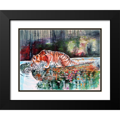 Tiger Drinking Black Modern Wood Framed Art Print with Double Matting by Kovacs, Anna Brigite
