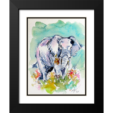 Elephant with Flowers Black Modern Wood Framed Art Print with Double Matting by Kovacs, Anna Brigite