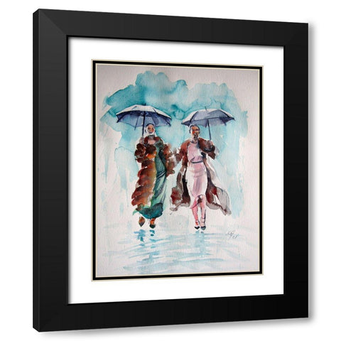 Girlfriends in the Rain Black Modern Wood Framed Art Print with Double Matting by Kovacs, Anna Brigite