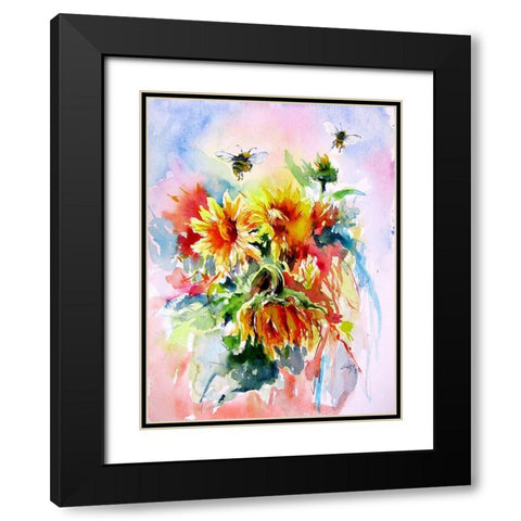 Sunflowers with Bees Black Modern Wood Framed Art Print with Double Matting by Kovacs, Anna Brigite