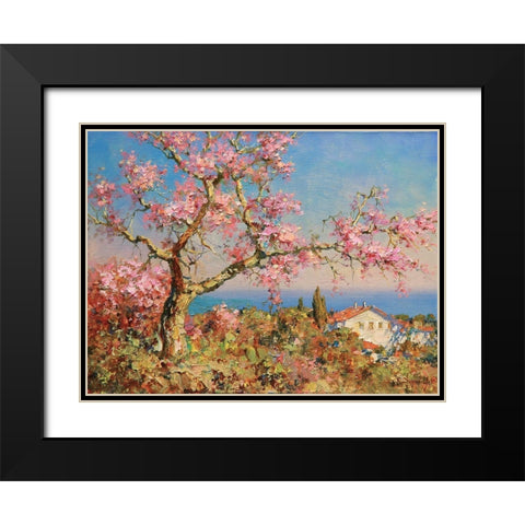 Pink Blossom Tree Black Modern Wood Framed Art Print with Double Matting by Obuchovsky, Yury