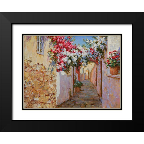 Santorini Street Black Modern Wood Framed Art Print with Double Matting by Obuchovsky, Yury