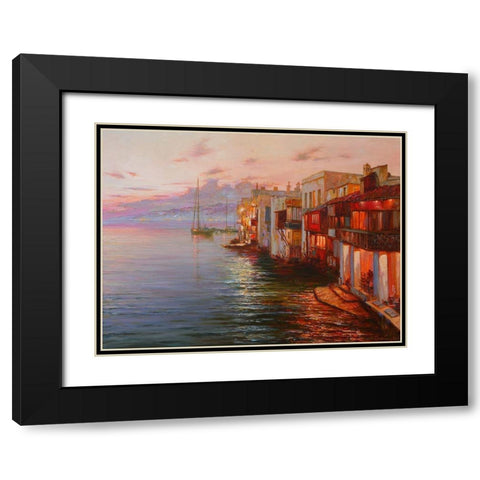 Mikonos. Night Lights Black Modern Wood Framed Art Print with Double Matting by Obuchovsky, Yury