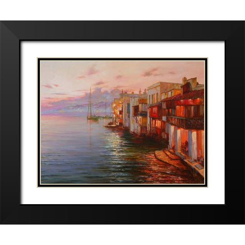 Mikonos. Night Lights Black Modern Wood Framed Art Print with Double Matting by Obuchovsky, Yury
