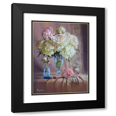 Still Life with Bouquet of Peonies Black Modern Wood Framed Art Print with Double Matting by Rogozina, Svetlana