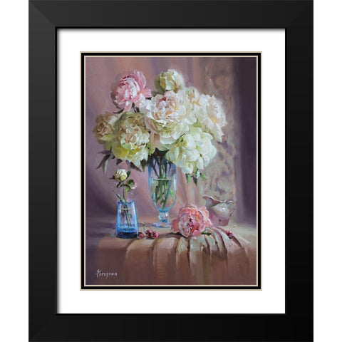 Still Life with Bouquet of Peonies Black Modern Wood Framed Art Print with Double Matting by Rogozina, Svetlana