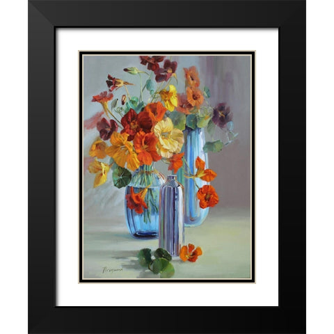 Flowers in Blue Vases Black Modern Wood Framed Art Print with Double Matting by Rogozina, Svetlana