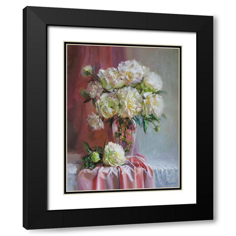 White Peonies Black Modern Wood Framed Art Print with Double Matting by Rogozina, Svetlana