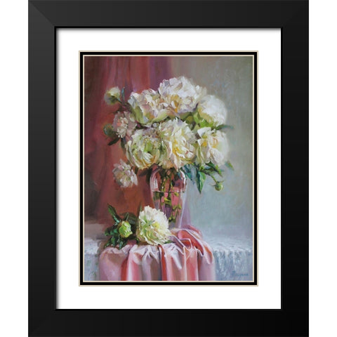 White Peonies Black Modern Wood Framed Art Print with Double Matting by Rogozina, Svetlana