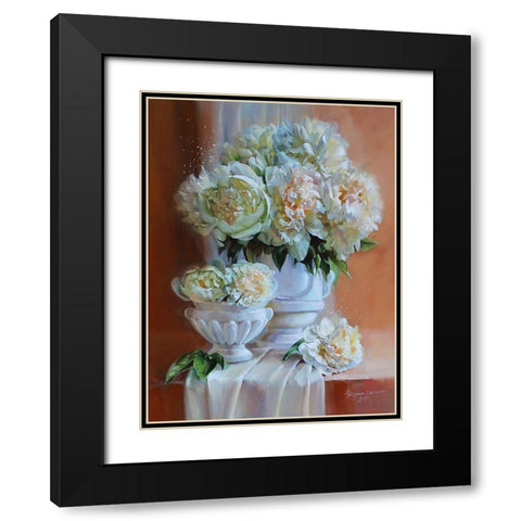 White Peonies II Black Modern Wood Framed Art Print with Double Matting by Rogozina, Svetlana