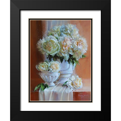 White Peonies II Black Modern Wood Framed Art Print with Double Matting by Rogozina, Svetlana