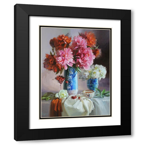 Scarlet Peonies Black Modern Wood Framed Art Print with Double Matting by Rogozina, Svetlana