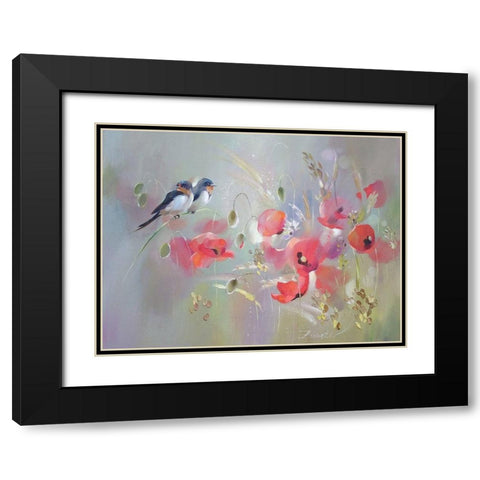 Birds with Red Poppies Black Modern Wood Framed Art Print with Double Matting by Zareckaye, Tatiana