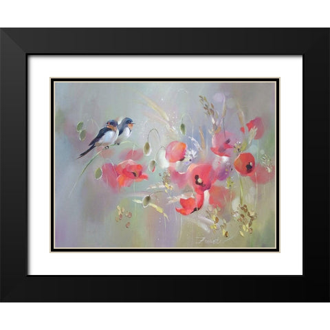 Birds with Red Poppies Black Modern Wood Framed Art Print with Double Matting by Zareckaye, Tatiana