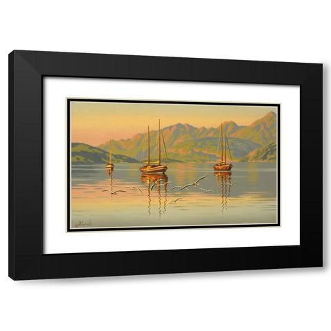 Boats with Seagulls Black Modern Wood Framed Art Print with Double Matting by Adamov, Alexey