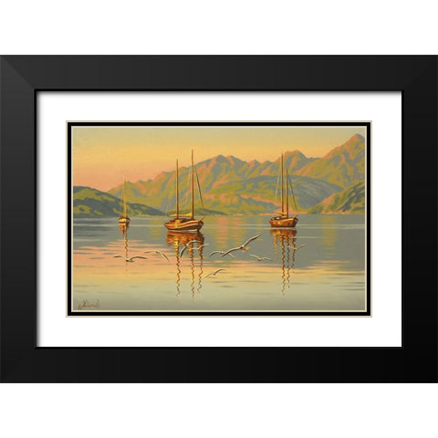 Boats with Seagulls Black Modern Wood Framed Art Print with Double Matting by Adamov, Alexey