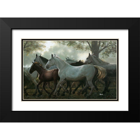 Running Horses Black Modern Wood Framed Art Print with Double Matting by Bizon, Vladimir
