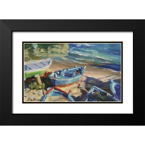 Blue Boat Black Modern Wood Framed Art Print with Double Matting by Strube, Ling
