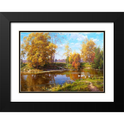 Village pond - autumn Black Modern Wood Framed Art Print with Double Matting by Basov, Sergej