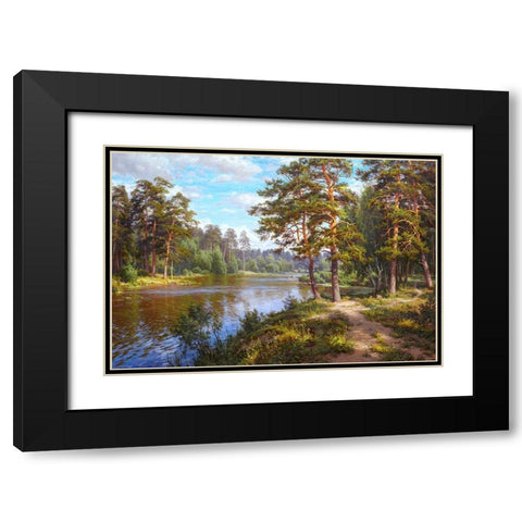 Lake at the forest Black Modern Wood Framed Art Print with Double Matting by Basov, Sergej