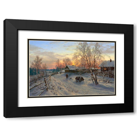Winter evening in the village Black Modern Wood Framed Art Print with Double Matting by Basov, Sergej