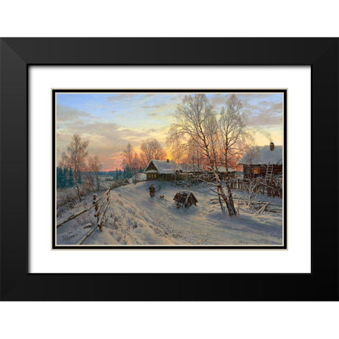 Winter evening in the village Black Modern Wood Framed Art Print with Double Matting by Basov, Sergej
