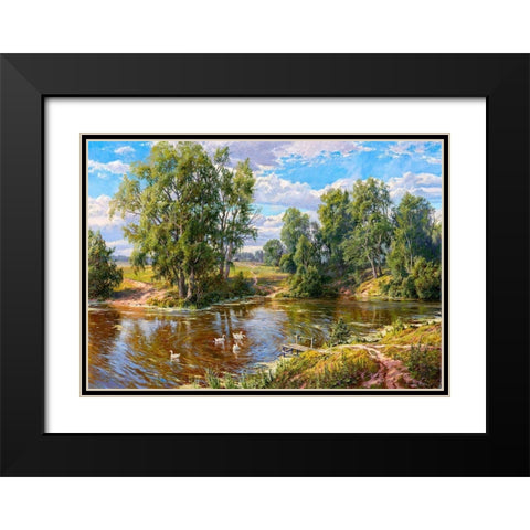 Village pond Black Modern Wood Framed Art Print with Double Matting by Basov, Sergej