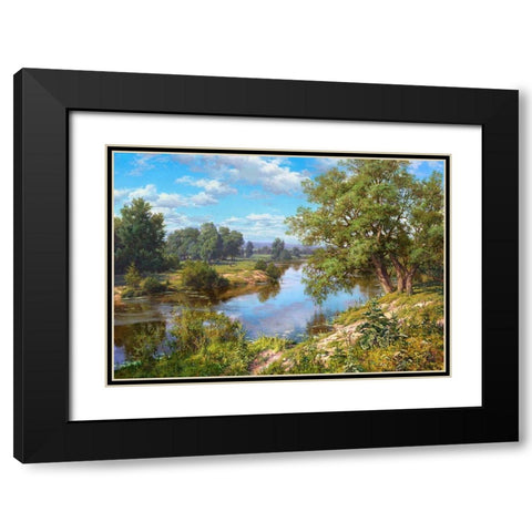 Landscape with river Black Modern Wood Framed Art Print with Double Matting by Basov, Sergej