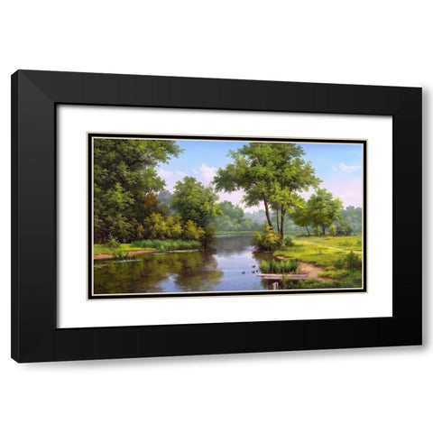 Landscape with ducks Black Modern Wood Framed Art Print with Double Matting by Babichev, Vyacheslav
