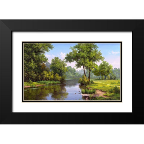 Landscape with ducks Black Modern Wood Framed Art Print with Double Matting by Babichev, Vyacheslav