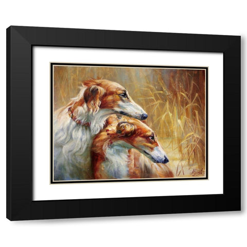 Russian greyhounds on the hunt Black Modern Wood Framed Art Print with Double Matting by Ekimov, Vladimir