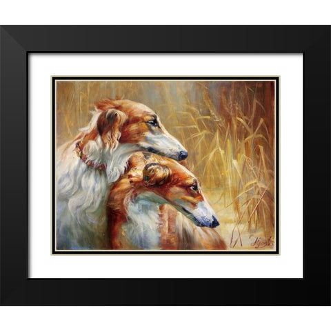 Russian greyhounds on the hunt Black Modern Wood Framed Art Print with Double Matting by Ekimov, Vladimir