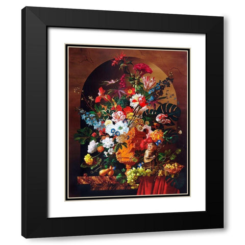 Still life with a monkey, flowers and fruits Black Modern Wood Framed Art Print with Double Matting by Golovin, Konstantin