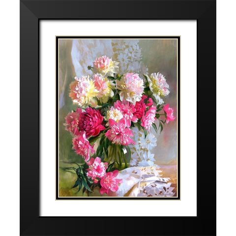 Peonies Black Modern Wood Framed Art Print with Double Matting by Goryacheva, Svetlana