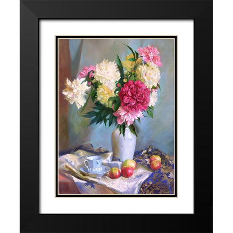 Peonies and apples Black Modern Wood Framed Art Print with Double Matting by Goryacheva, Svetlana
