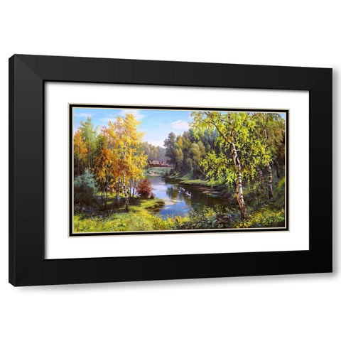 Geese in the village Black Modern Wood Framed Art Print with Double Matting by Prishchepa, Igor