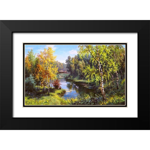 Geese in the village Black Modern Wood Framed Art Print with Double Matting by Prishchepa, Igor