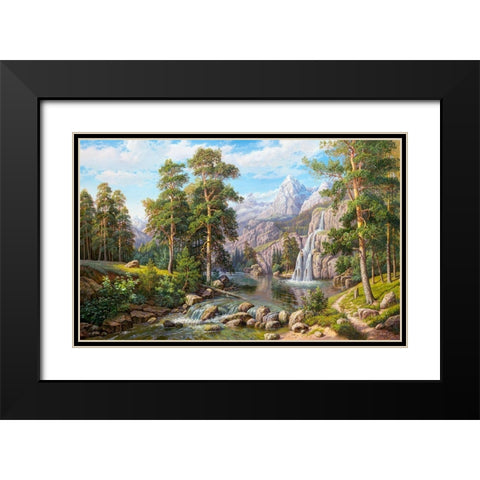 Waterfall Black Modern Wood Framed Art Print with Double Matting by Potapov, Vitaly
