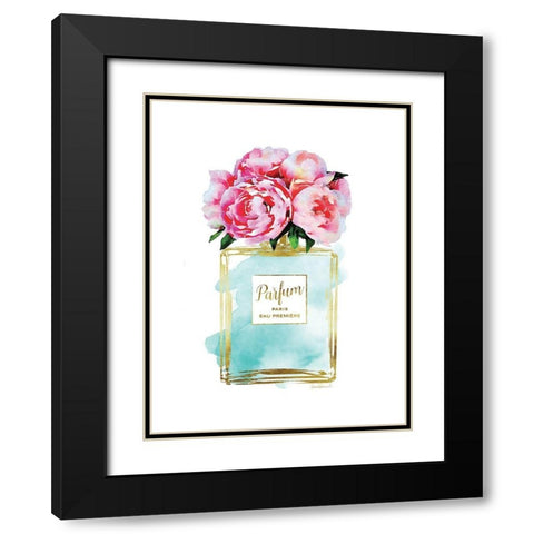 Parfume Teal with Peony Black Modern Wood Framed Art Print with Double Matting by Greenwood, Amanda